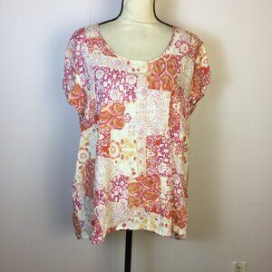 Jones New York Blouse Top 2X Woman Plus Red Pink White Floral Short Sleeve Rayon